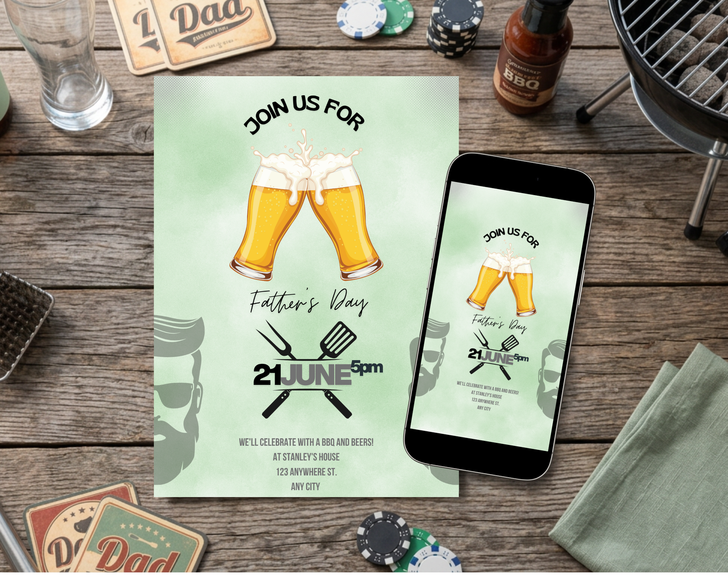Father's Day BBQ and Beers Invitation Template | Editable Canva Template | 5x7in & WhatsApp | Digital Download