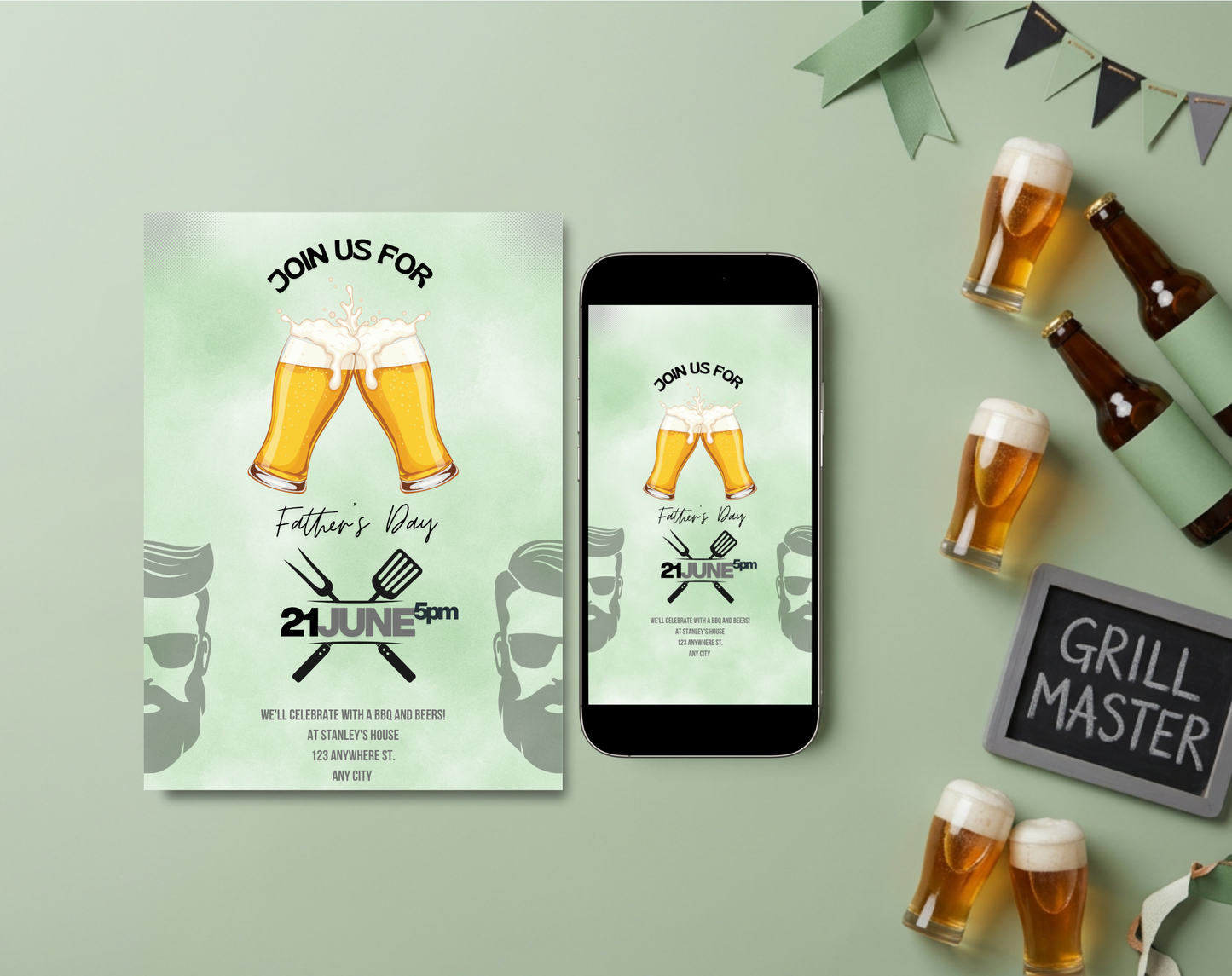 Father's Day BBQ and Beers Invitation Template | Editable Canva Template | 5x7in & WhatsApp | Digital Download