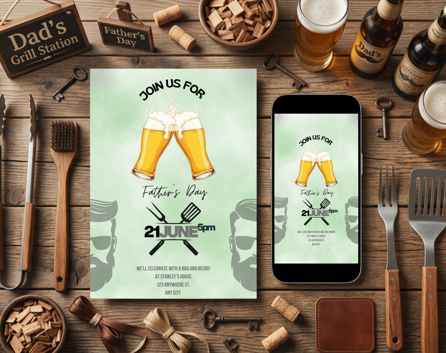 Father's Day BBQ and Beers Invitation Template | Editable Canva Template | 5x7in & WhatsApp | Digital Download
