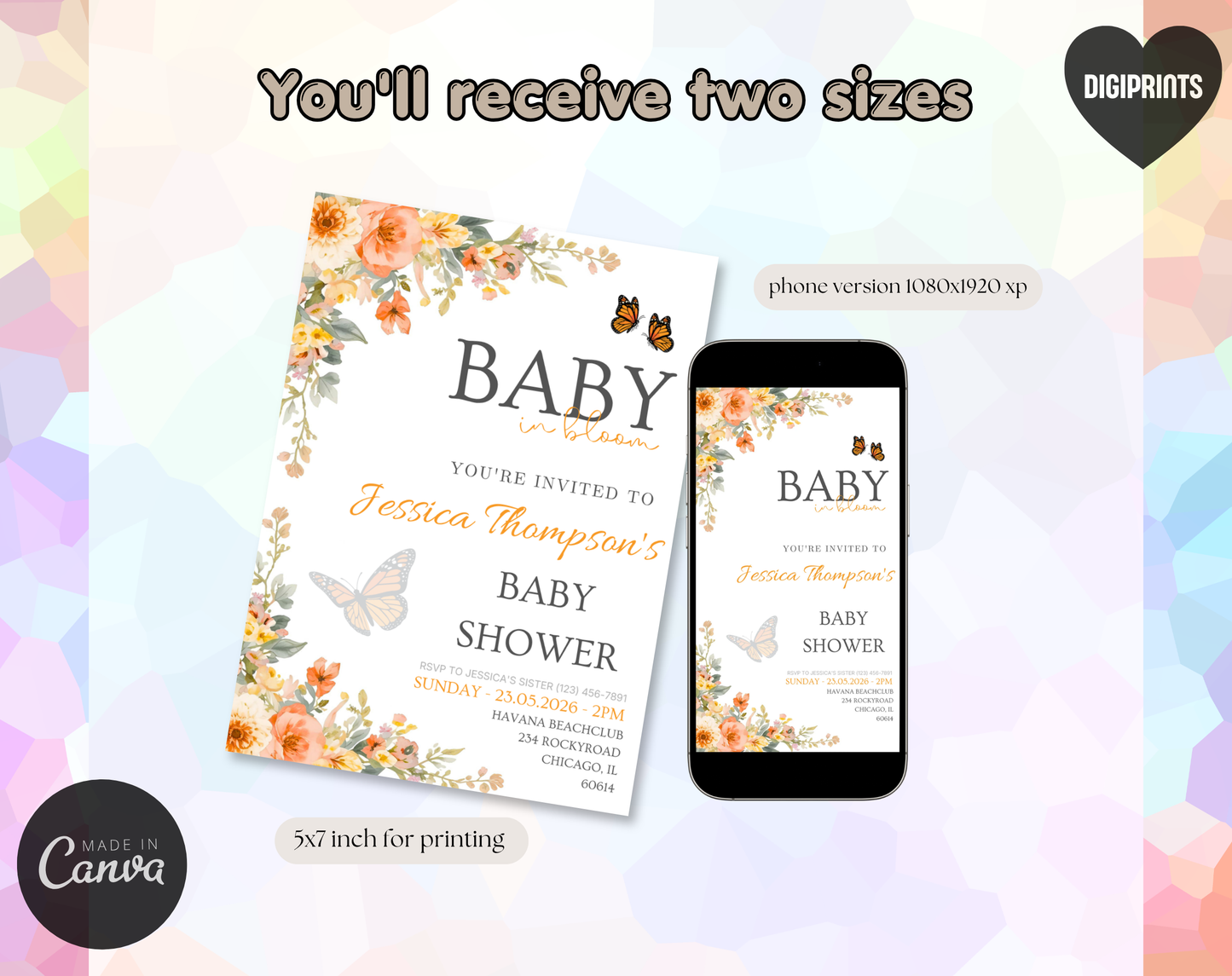Autumn Floral Baby Shower Invitation Template | Editable Canva Template | 5x7in & WhatsApp | Digital Download