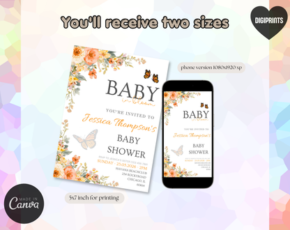 Autumn Floral Baby Shower Invitation Template | Editable Canva Template | 5x7in & WhatsApp | Digital Download
