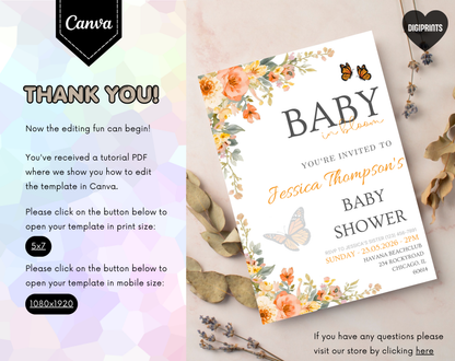 Autumn Floral Baby Shower Invitation Template | Editable Canva Template | 5x7in & WhatsApp | Digital Download