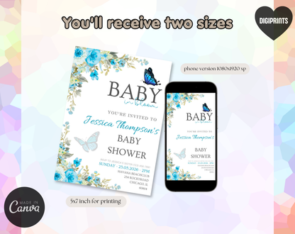 Blue Floral Baby Shower Invitation Template Boy | Editable Canva Template | 5x7in & WhatsApp | Digital Download