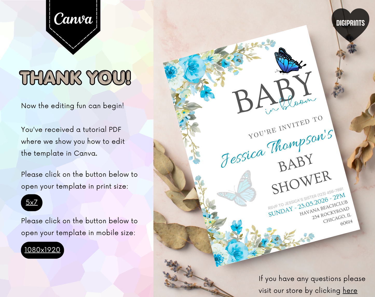 Blue Floral Baby Shower Invitation Template Boy | Editable Canva Template | 5x7in & WhatsApp | Digital Download
