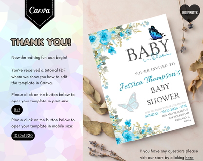 Blue Floral Baby Shower Invitation Template Boy | Editable Canva Template | 5x7in & WhatsApp | Digital Download