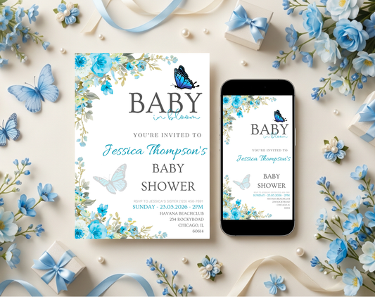 Blue Floral Baby Shower Invitation Template Boy | Editable Canva Template | 5x7in & WhatsApp | Digital Download