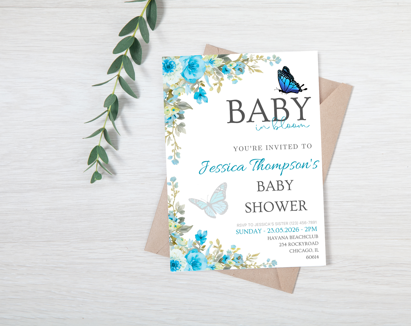 Blue Floral Baby Shower Invitation Template Boy | Editable Canva Template | 5x7in & WhatsApp | Digital Download