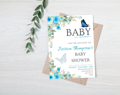 Blue Floral Baby Shower Invitation Template Boy | Editable Canva Template | 5x7in & WhatsApp | Digital Download