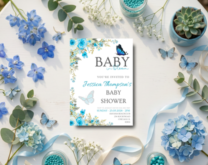 Blue Floral Baby Shower Invitation Template Boy | Editable Canva Template | 5x7in & WhatsApp | Digital Download