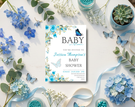 Blue Floral Baby Shower Invitation Template Boy | Editable Canva Template | 5x7in & WhatsApp | Digital Download
