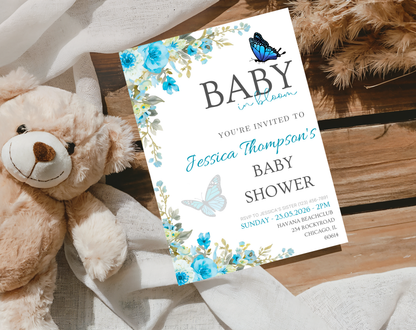 Blue Floral Baby Shower Invitation Template Boy | Editable Canva Template | 5x7in & WhatsApp | Digital Download