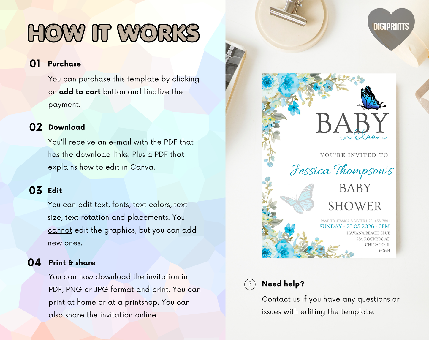 Blue Floral Baby Shower Invitation Template Boy | Editable Canva Template | 5x7in & WhatsApp | Digital Download