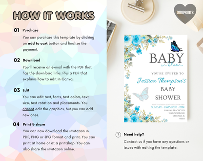 Blue Floral Baby Shower Invitation Template Boy | Editable Canva Template | 5x7in & WhatsApp | Digital Download