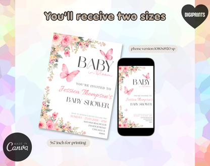 Pink Floral Baby Shower Invitation Template Girl | Editable Canva Template | 5x7in & WhatsApp | Digital Download