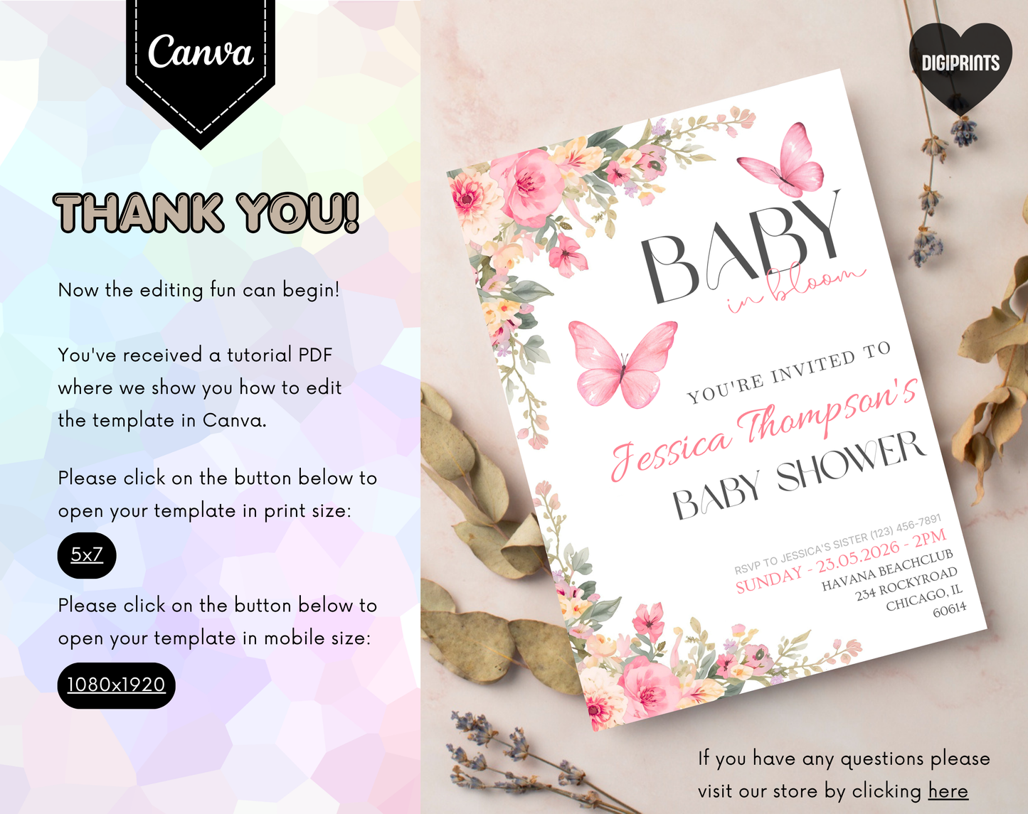 Pink Floral Baby Shower Invitation Template Girl | Editable Canva Template | 5x7in & WhatsApp | Digital Download