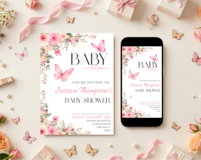 Pink Floral Baby Shower Invitation Template Girl | Editable Canva Template | 5x7in & WhatsApp | Digital Download