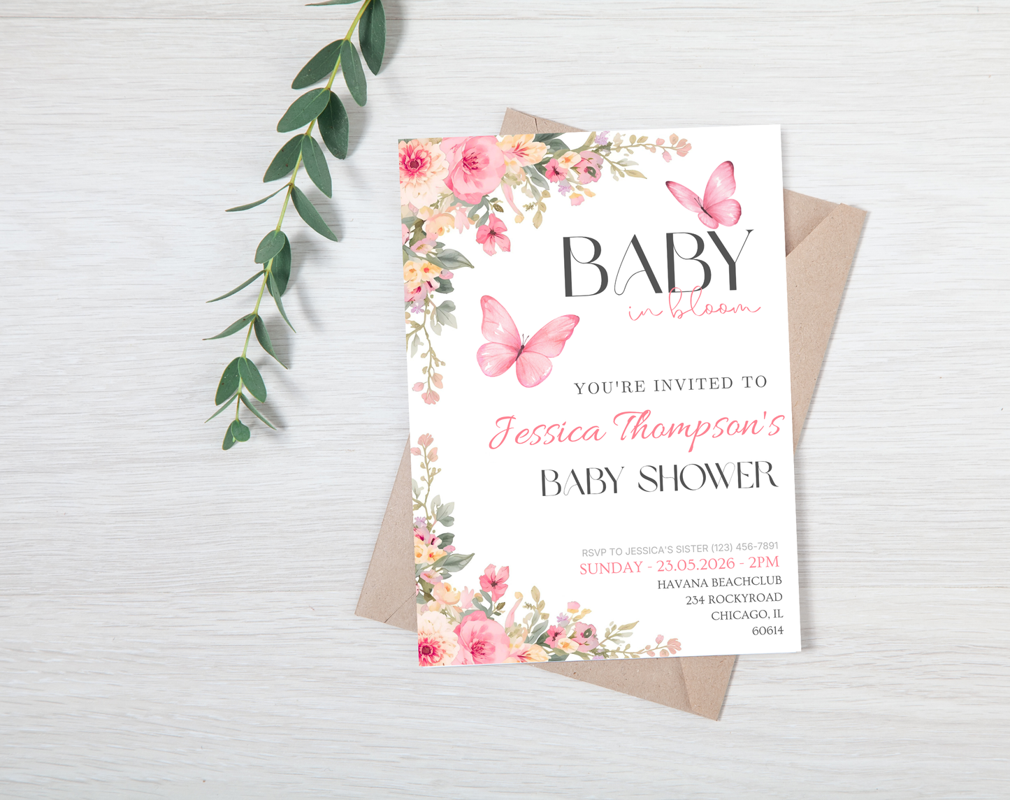 Pink Floral Baby Shower Invitation Template Girl | Editable Canva Template | 5x7in & WhatsApp | Digital Download