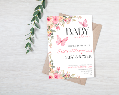 Pink Floral Baby Shower Invitation Template Girl | Editable Canva Template | 5x7in & WhatsApp | Digital Download