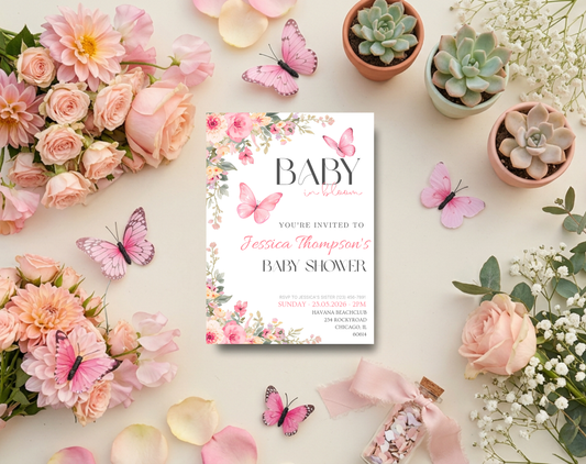 Pink Floral Baby Shower Invitation Template Girl | Editable Canva Template | 5x7in & WhatsApp | Digital Download