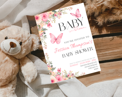 Pink Floral Baby Shower Invitation Template Girl | Editable Canva Template | 5x7in & WhatsApp | Digital Download