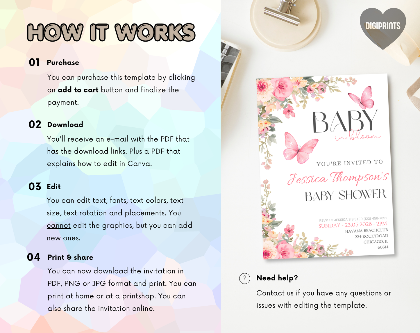 Pink Floral Baby Shower Invitation Template Girl | Editable Canva Template | 5x7in & WhatsApp | Digital Download