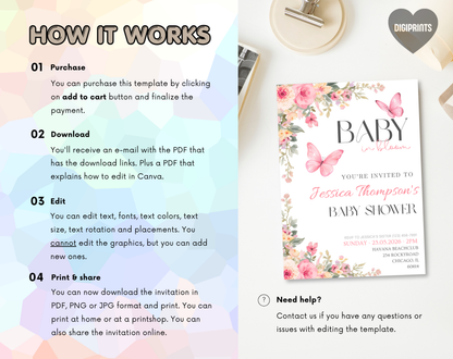 Pink Floral Baby Shower Invitation Template Girl | Editable Canva Template | 5x7in & WhatsApp | Digital Download