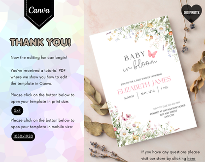 Wildflower Baby Shower Invitation Template Girl | Editable Canva Template | 5x7in & WhatsApp | Digital Download