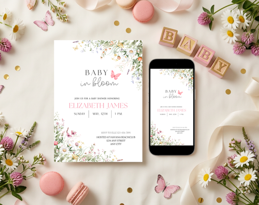 Wildflower Baby Shower Invitation Template Girl | Editable Canva Template | 5x7in & WhatsApp | Digital Download