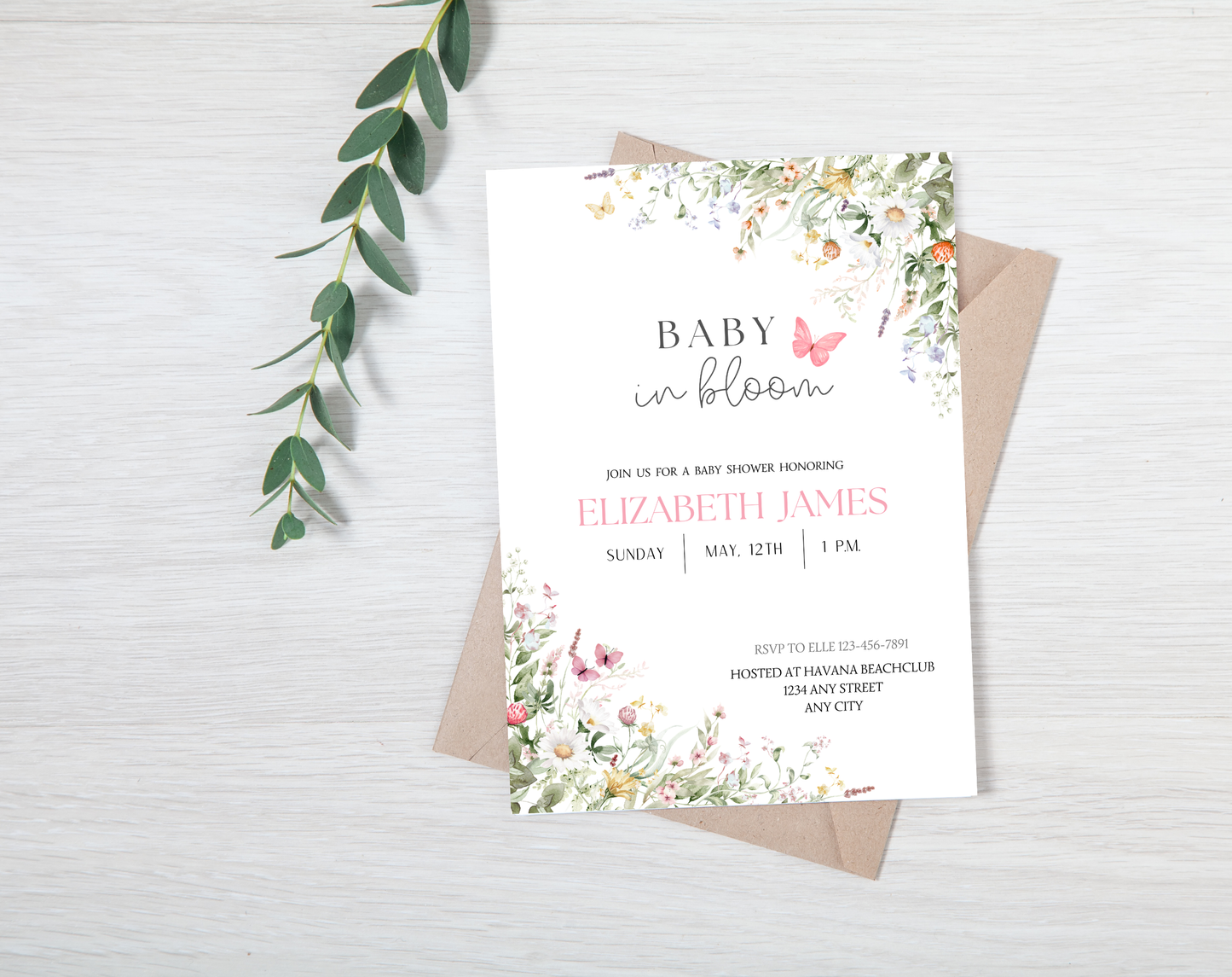 Wildflower Baby Shower Invitation Template Girl | Editable Canva Template | 5x7in & WhatsApp | Digital Download
