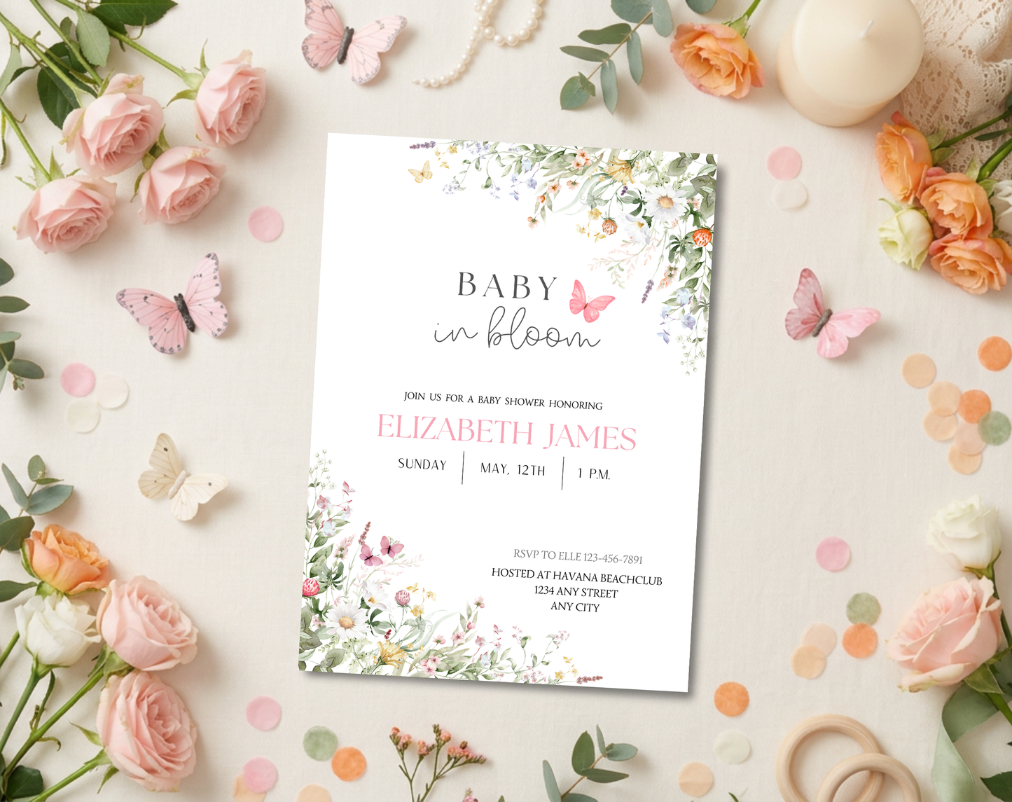 Wildflower Baby Shower Invitation Template Girl | Editable Canva Template | 5x7in & WhatsApp | Digital Download