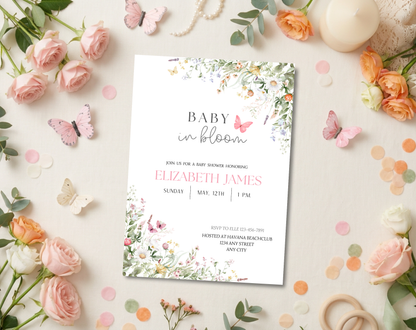 Wildflower Baby Shower Invitation Template Girl | Editable Canva Template | 5x7in & WhatsApp | Digital Download