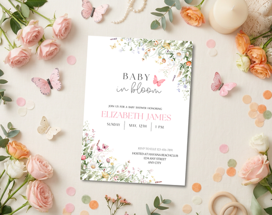 Wildflower Baby Shower Invitation Template Girl | Editable Canva Template | 5x7in & WhatsApp | Digital Download