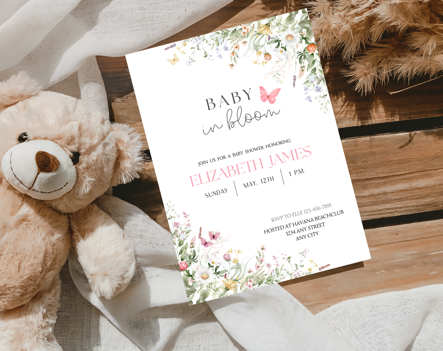 Wildflower Baby Shower Invitation Template Girl | Editable Canva Template | 5x7in & WhatsApp | Digital Download