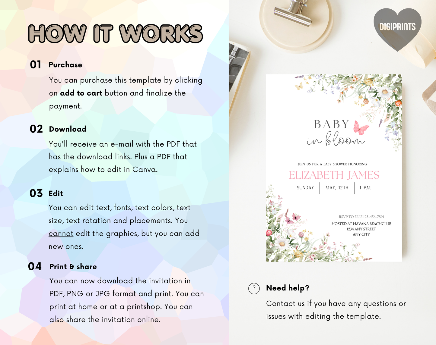 Wildflower Baby Shower Invitation Template Girl | Editable Canva Template | 5x7in & WhatsApp | Digital Download