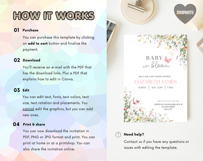 Wildflower Baby Shower Invitation Template Girl | Editable Canva Template | 5x7in & WhatsApp | Digital Download