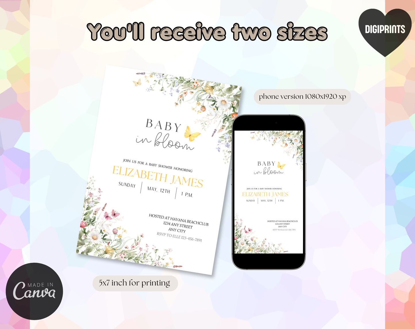 Wildflower Gender Neutral Baby Shower Invitation Template | Editable Canva Template | 5x7in & WhatsApp | Digital Download