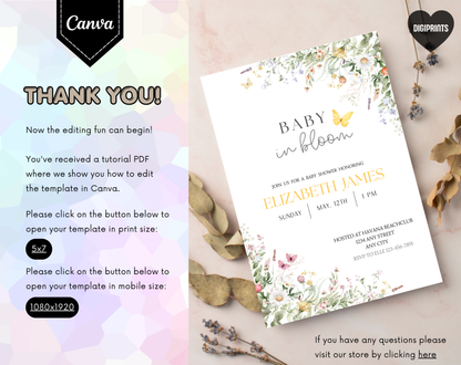 Wildflower Gender Neutral Baby Shower Invitation Template | Editable Canva Template | 5x7in & WhatsApp | Digital Download