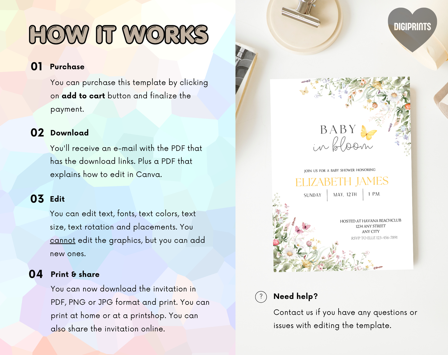 Wildflower Gender Neutral Baby Shower Invitation Template | Editable Canva Template | 5x7in & WhatsApp | Digital Download