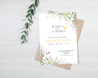 Wildflower Gender Neutral Baby Shower Invitation Template | Editable Canva Template | 5x7in & WhatsApp | Digital Download