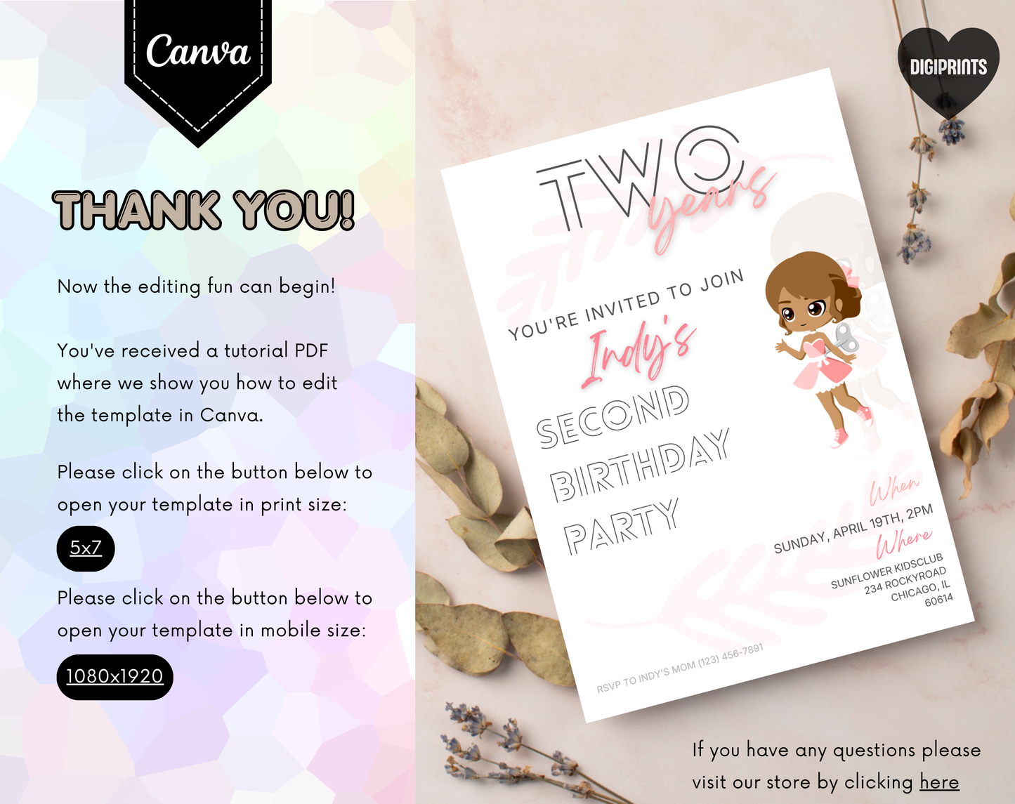 Doll Second Birthday Invitation Template | Editable Canva Template | 5x7in & WhatsApp | Digital Download