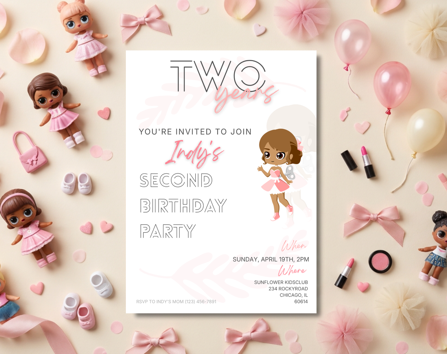 Doll Second Birthday Invitation Template | Editable Canva Template | 5x7in & WhatsApp | Digital Download