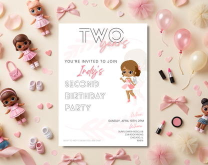 Doll Second Birthday Invitation Template | Editable Canva Template | 5x7in & WhatsApp | Digital Download