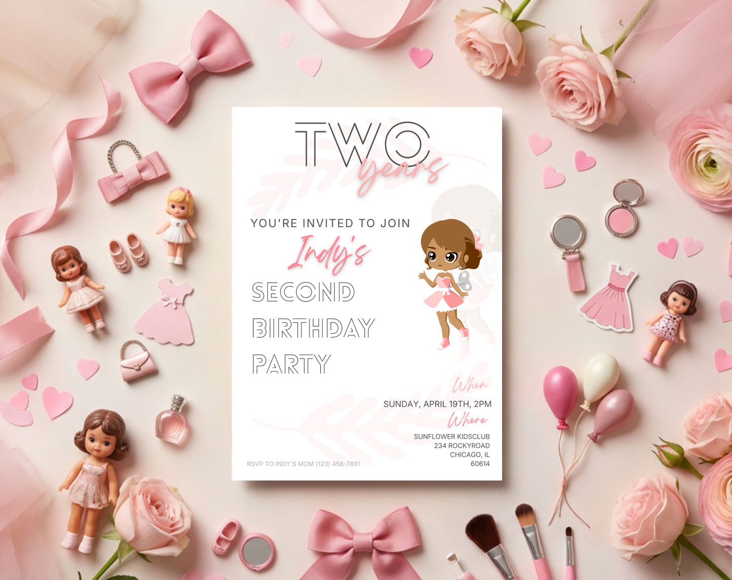 Doll Second Birthday Invitation Template | Editable Canva Template | 5x7in & WhatsApp | Digital Download