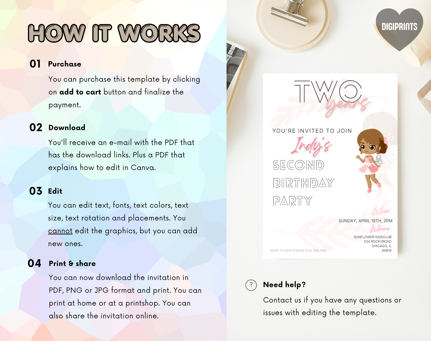 Doll Second Birthday Invitation Template | Editable Canva Template | 5x7in & WhatsApp | Digital Download