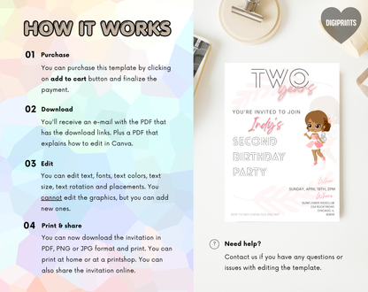 Doll Second Birthday Invitation Template | Editable Canva Template | 5x7in & WhatsApp | Digital Download
