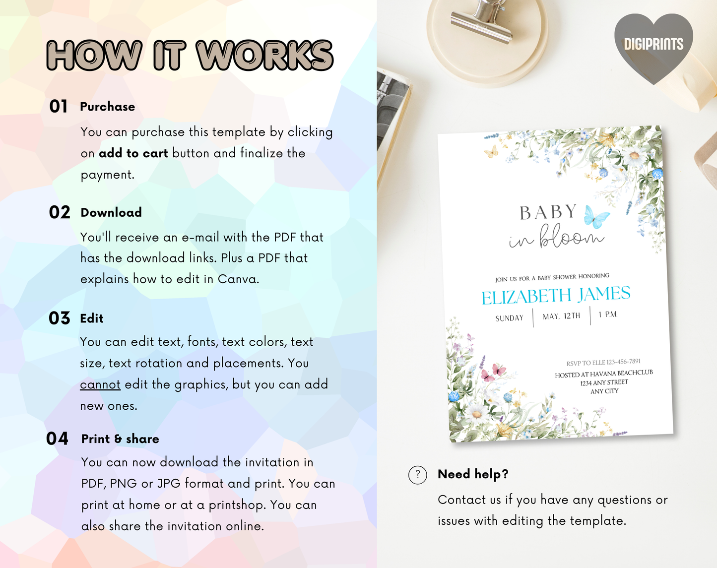 Wildflower Baby Shower Invitation Template Boy | Editable Canva Template | 5x7in & WhatsApp | Digital Download