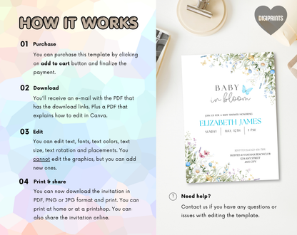 Wildflower Baby Shower Invitation Template Boy | Editable Canva Template | 5x7in & WhatsApp | Digital Download