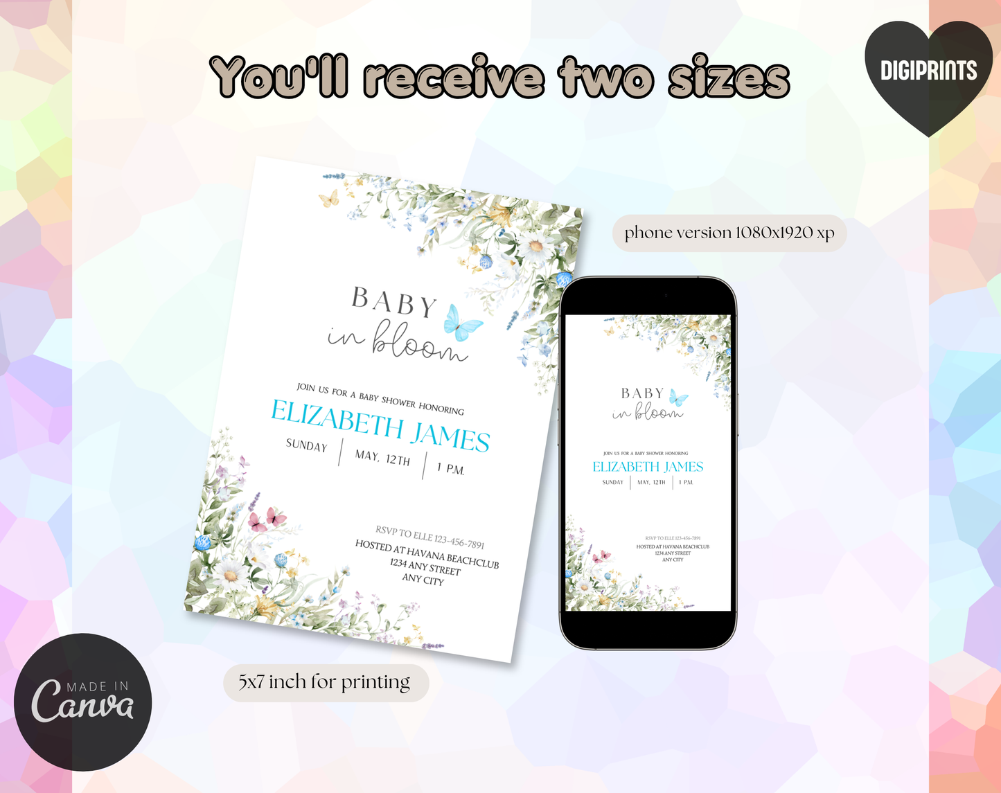 Wildflower Baby Shower Invitation Template Boy | Editable Canva Template | 5x7in & WhatsApp | Digital Download