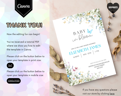 Wildflower Baby Shower Invitation Template Boy | Editable Canva Template | 5x7in & WhatsApp | Digital Download
