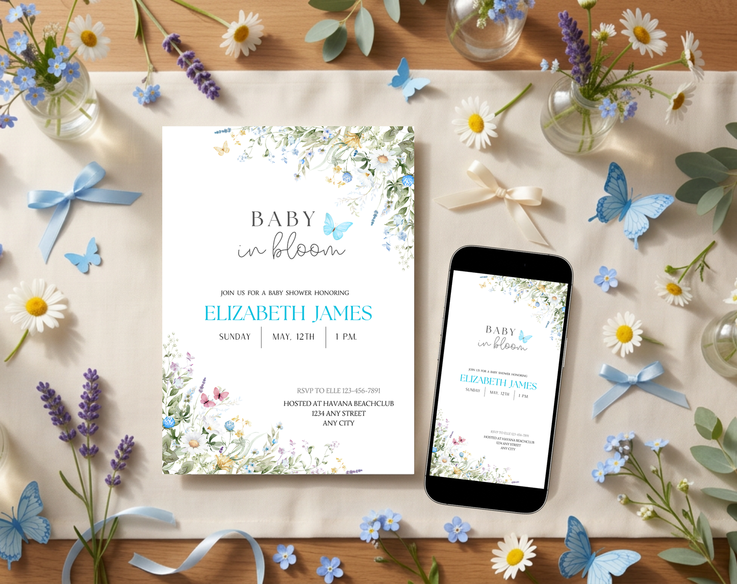 Wildflower Baby Shower Invitation Template Boy | Editable Canva Template | 5x7in & WhatsApp | Digital Download